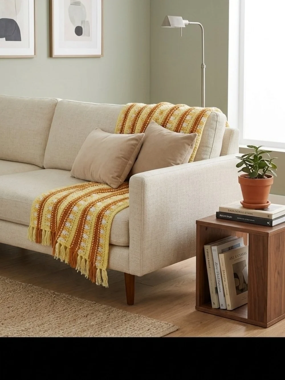 Vintage Handmade Afghan Crochet Sofa or Bed Throw Blanket Retro Yellow 91